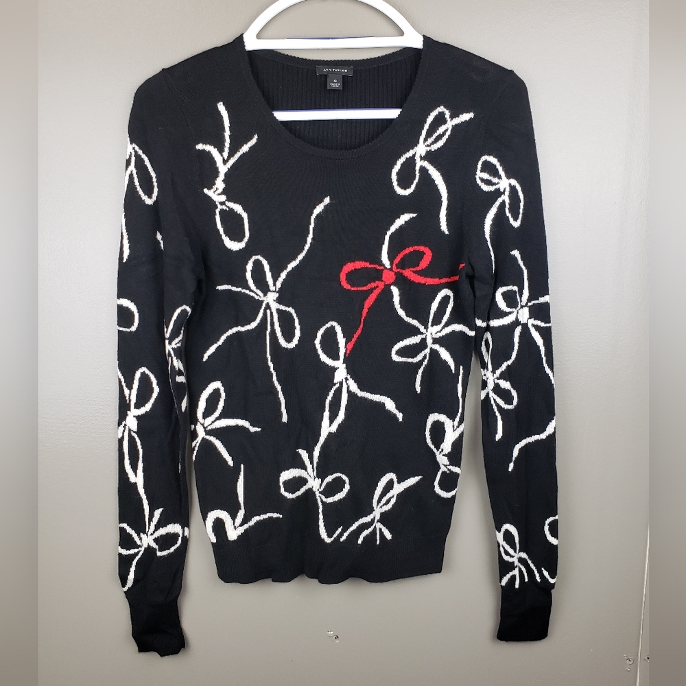 Ann Taylor Womens Bow Sweater Black Size Small Rayon Nylon Wool Pullover